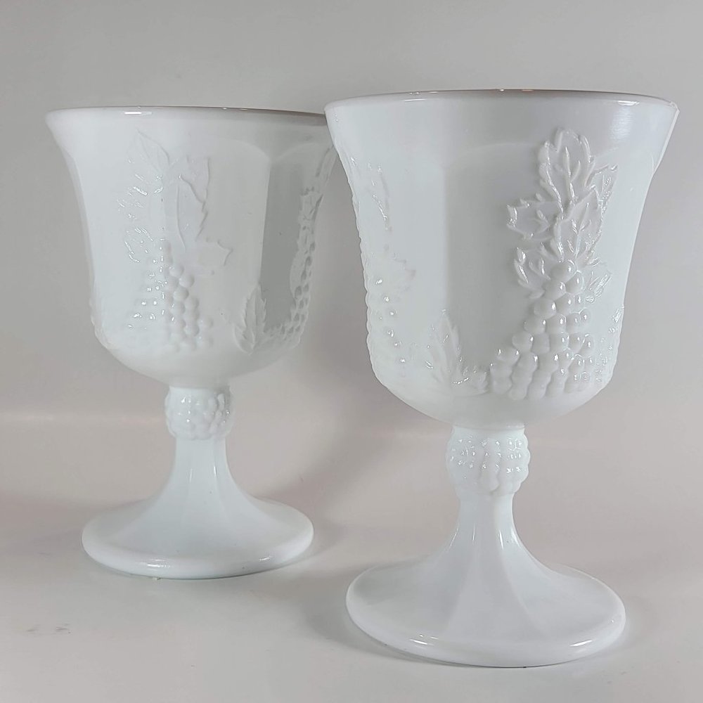 Vintage Harvest Milk Glass Goblet By Colony Grapes And Leaves Pattern Set of 6